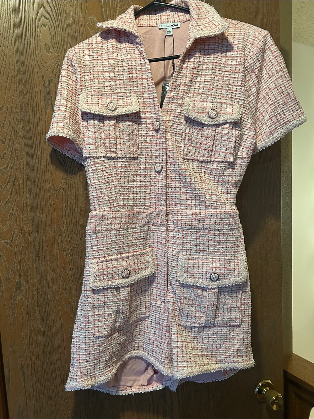 Fashion Nova Pink & White Tweed Pocket Shift Dress